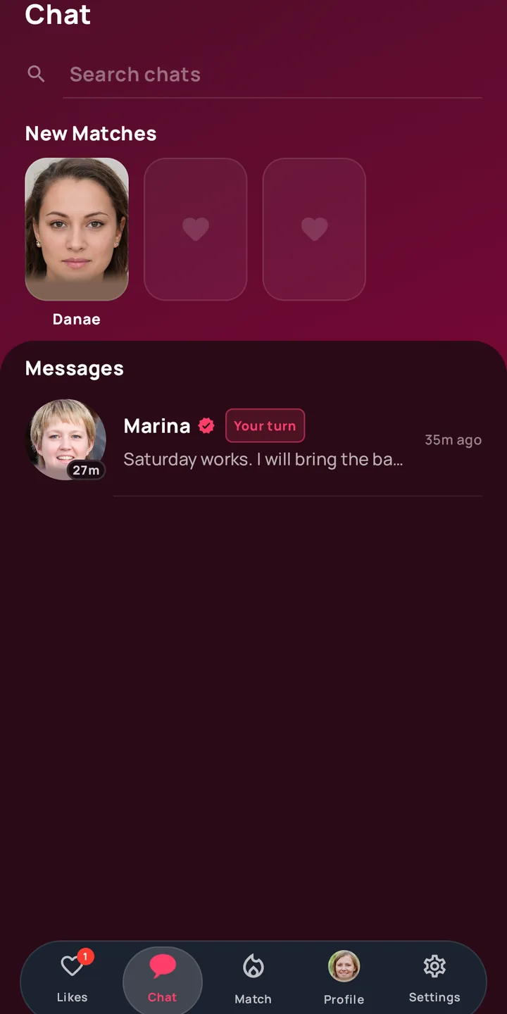 The Chat tab: a New Matches row and a conversation with a verified match, marked Your turn.