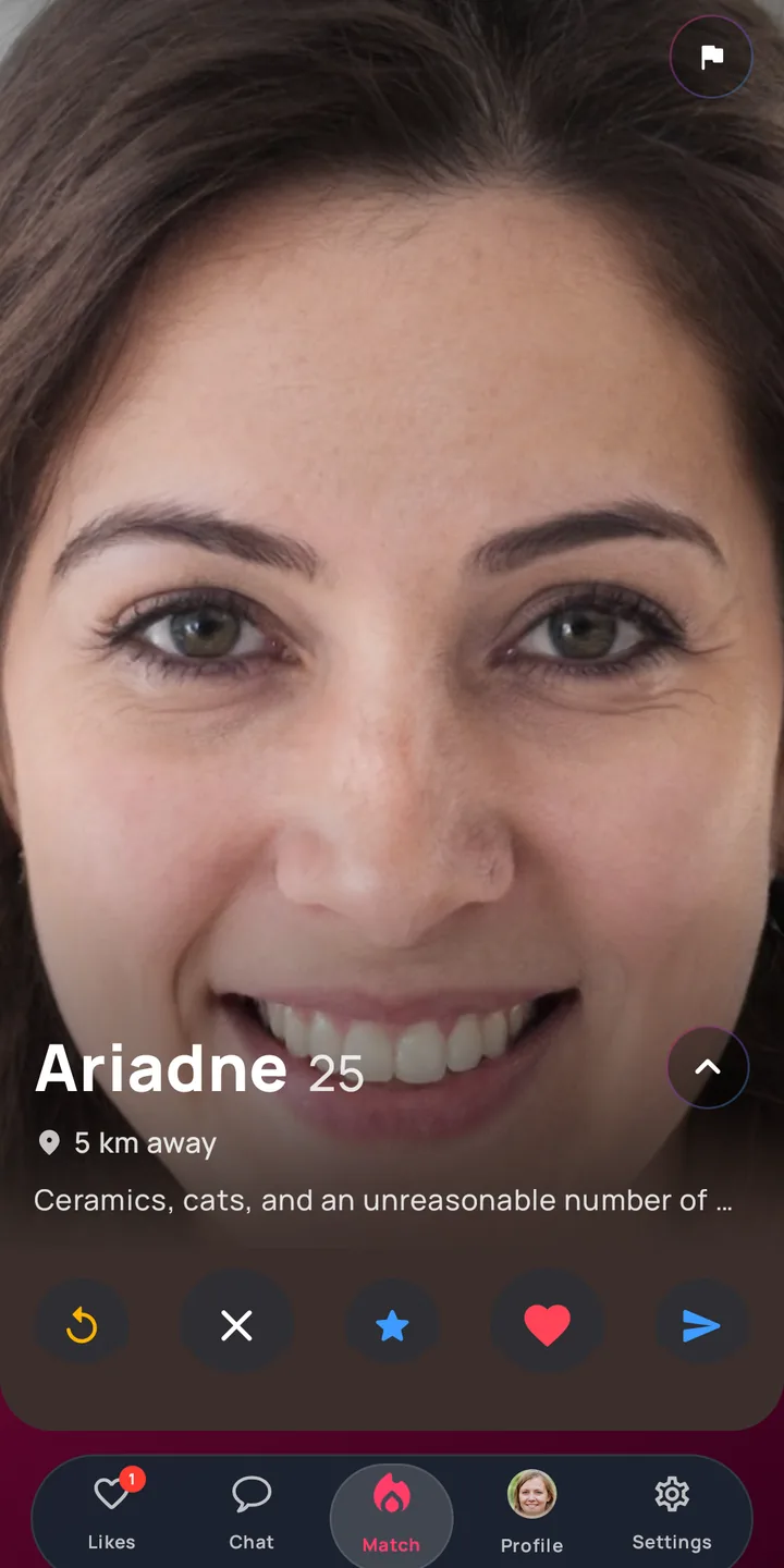 The swipe deck: a profile card for Ariadne, 25, 5 km away, with Rewind, Pass, Super Like, Like and Share buttons.