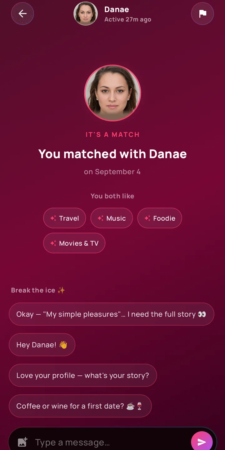 The It’s a match page: You matched with Danae, showing the interests you both like and icebreaker suggestions.